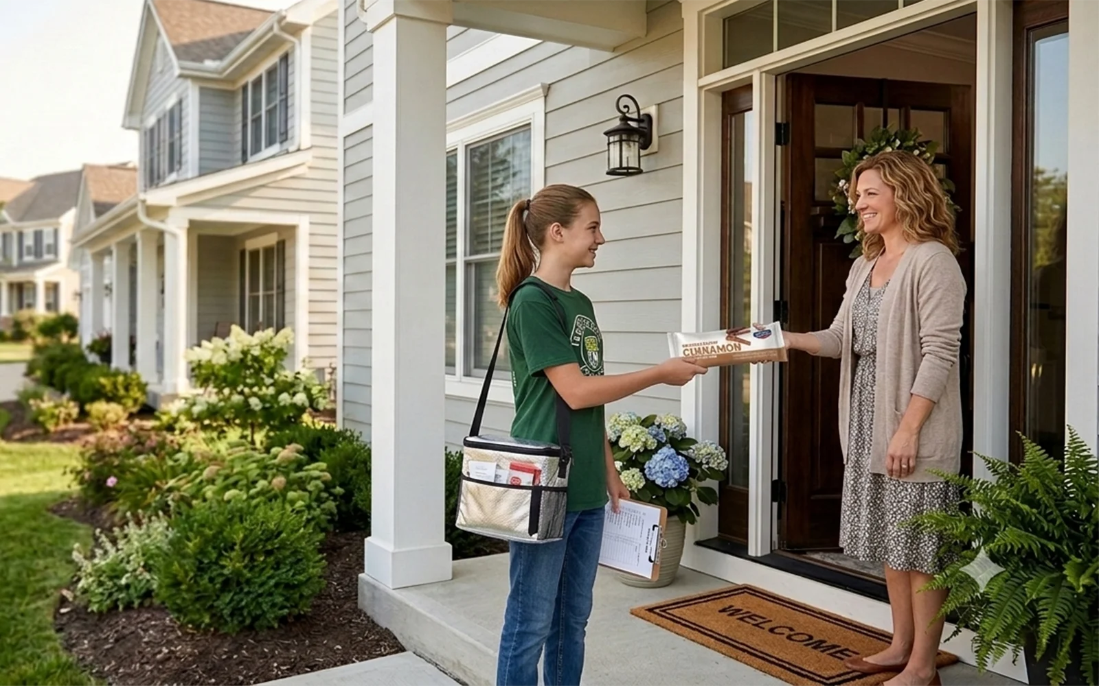 A teenage girl delivering a Butter Braid box to a woman at a front door