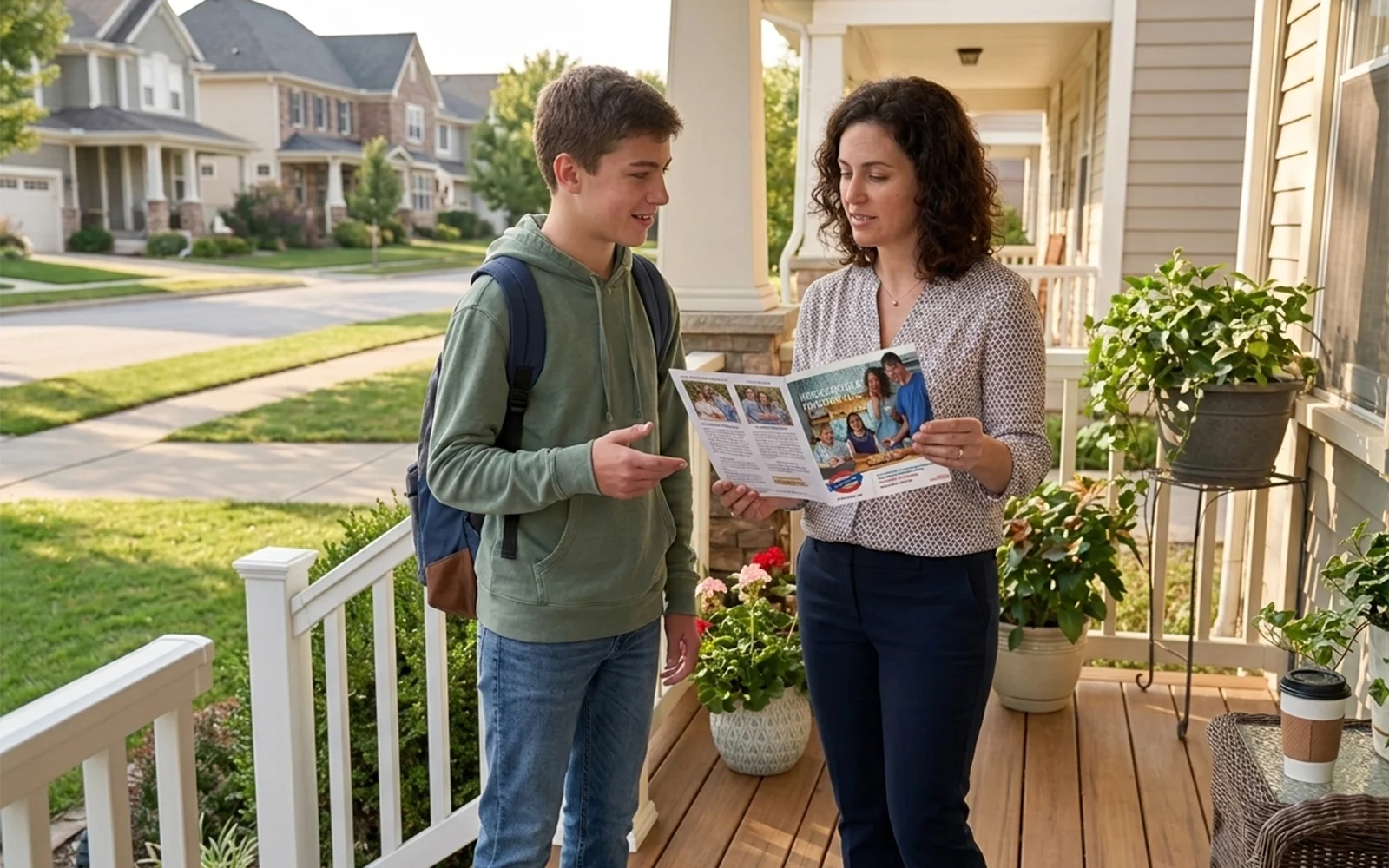 A student fundraiser seller showing a product brochure to a supporter on her front porch