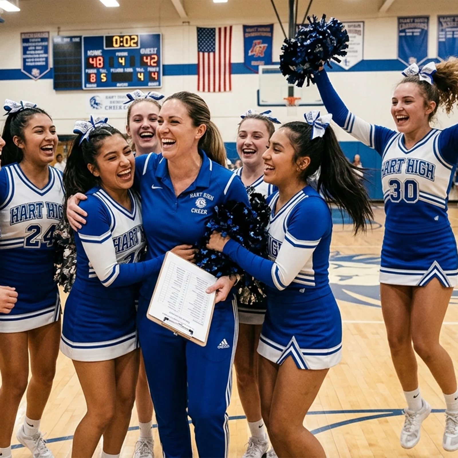 A cheerleading coach celebrating with her squad on the gym floor after a successful fundraiser