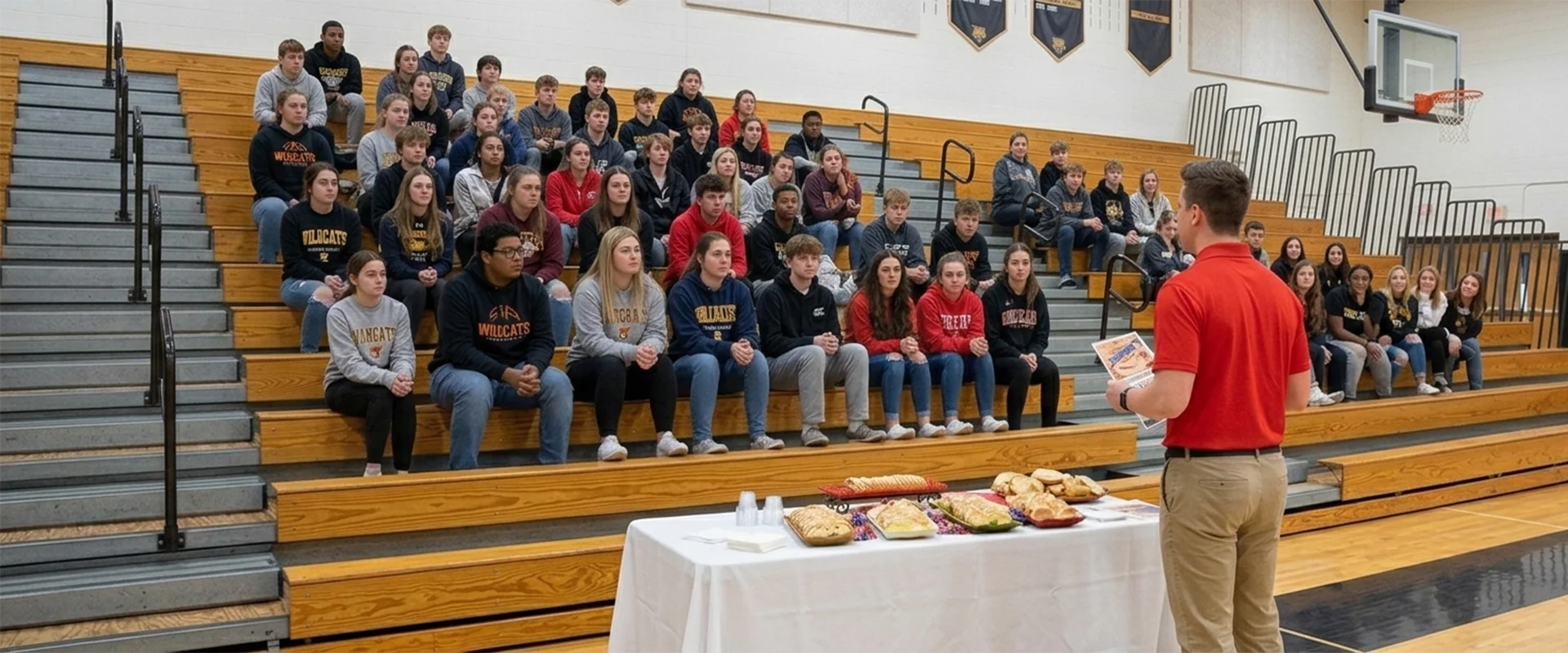 A Rite Bite fundraising representative presenting to a school group in a gymnasium